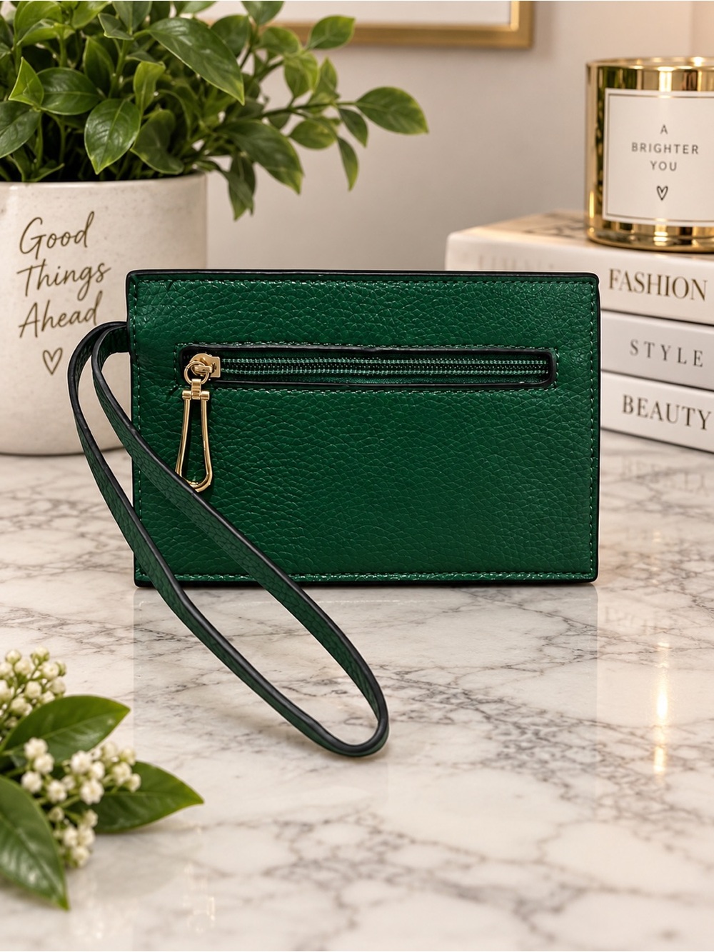 Emerald Green Faux Leather Wristlet Clutch with Wrist Strap & Gold Hardware